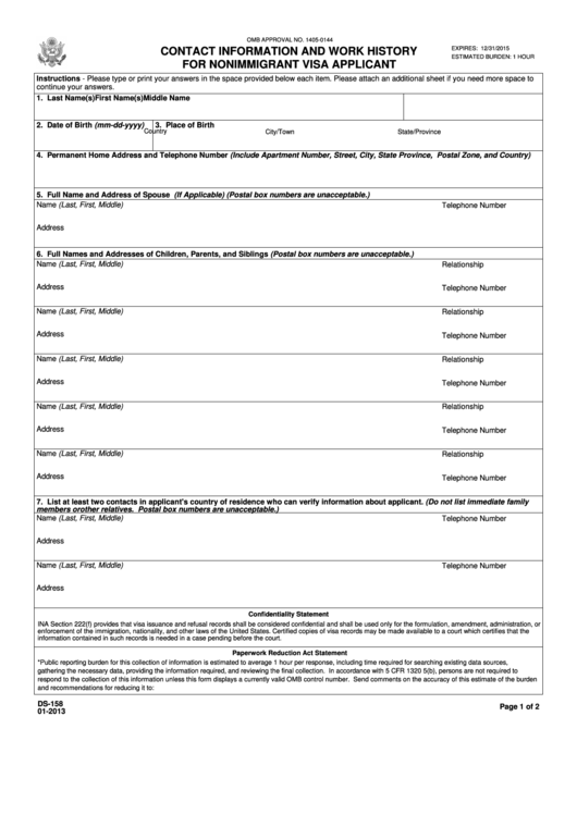 Fillable Form Ds-158 - Contact Information And Work History For Nonimmigrant Visa Applicant - 2013 Printable pdf
