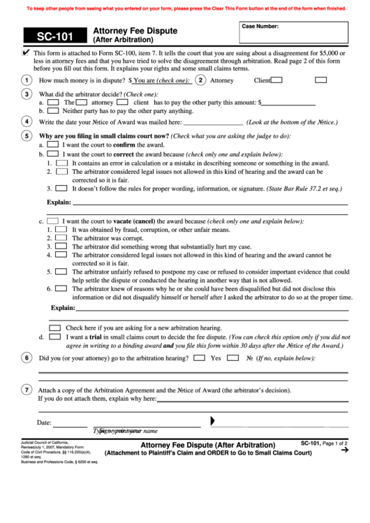 Fillable Attorney Fee Dispute After Arbitration Printable pdf