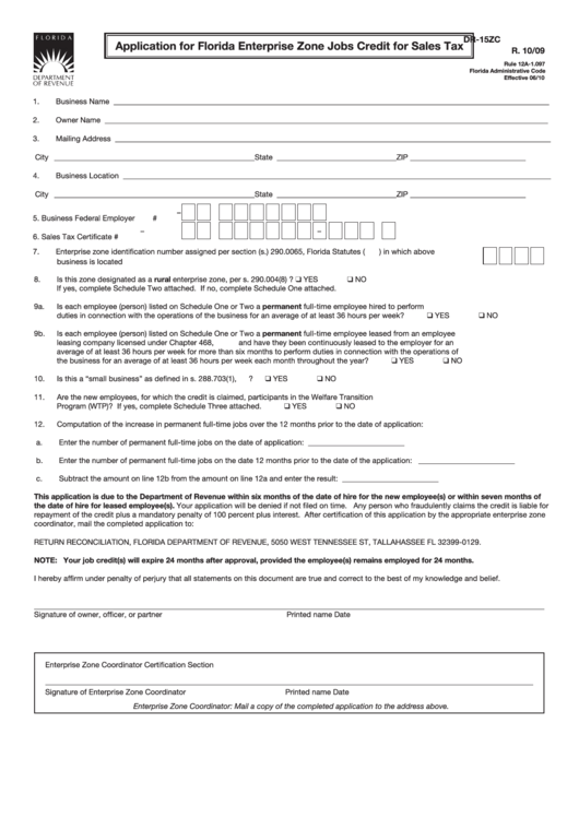 Application For Florida Enterprise Zone Jobs Credit For Sales Tax Printable pdf