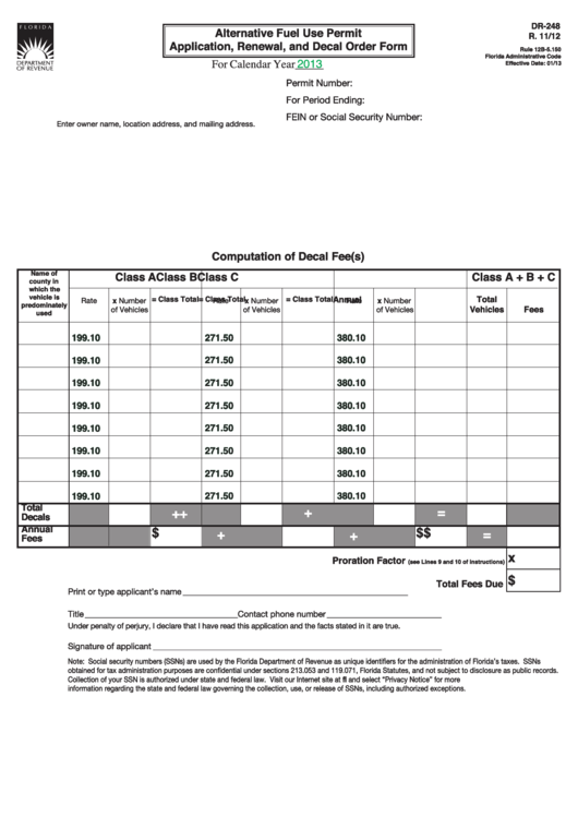 Form Dr-248 - Alternative Fuel Use Permit Application, Renewal, And Decal Order Form - 2013 Printable pdf