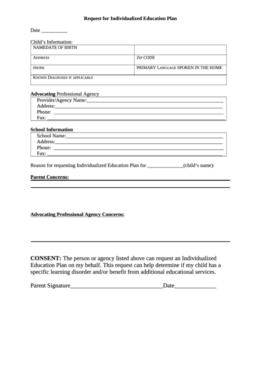 Request For Individualized Education Plan Printable pdf