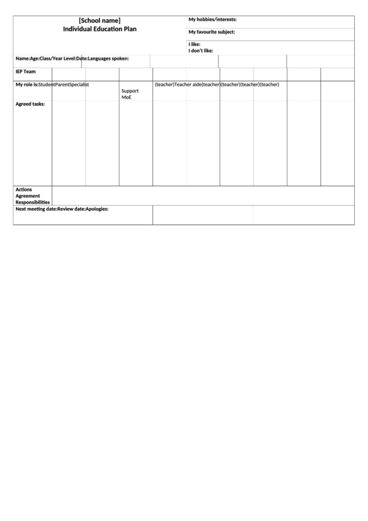 Individual Education Plan Printable pdf