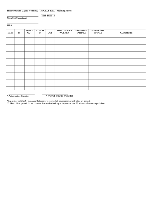 Hourly Paid Time Sheet Printable pdf