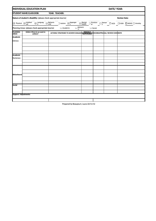 Individual Education Plan Template Printable pdf
