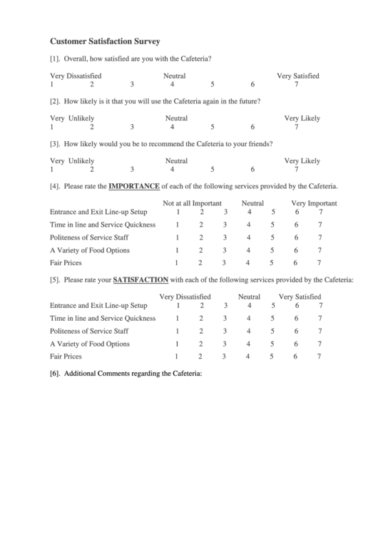 Cafeteria Customer Satisfaction Survey Printable pdf