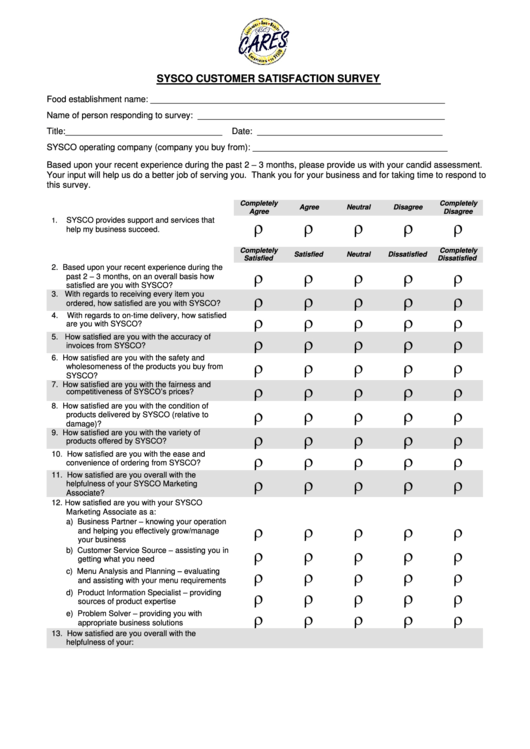 Sysco Customer Satisfaction Survey Printable pdf