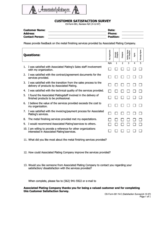 Metal Plating Customer Satisfaction Survey Printable pdf