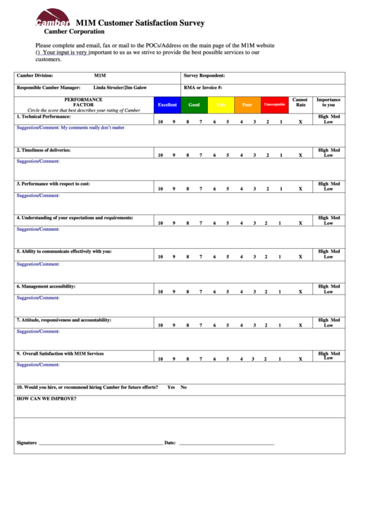 M1m Customer Satisfaction Survey Template - Camber Corporation Printable pdf