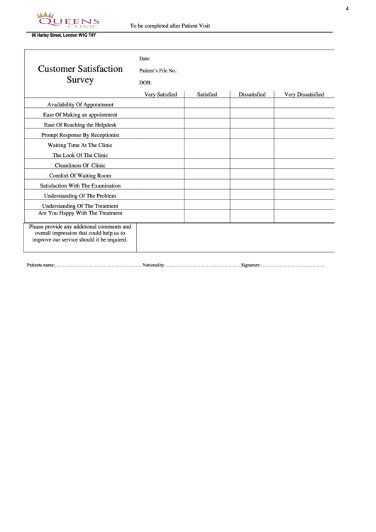 Clinic Patient Satisfaction Survey Printable pdf