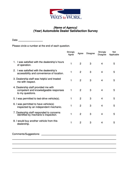 Automobile Dealer Satisfaction Survey Printable pdf