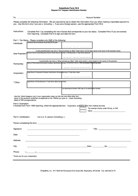 Substitute Form W-9 - Request For Taxpayer Identification Number Printable pdf