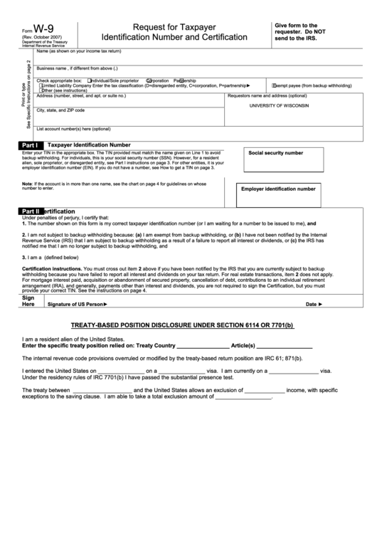 Form W-9 - Request For Taxpayer Identification Number And Certification - 2007 Printable pdf