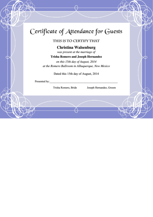 Fillable Certificate Of Attendance For Guests Printable pdf