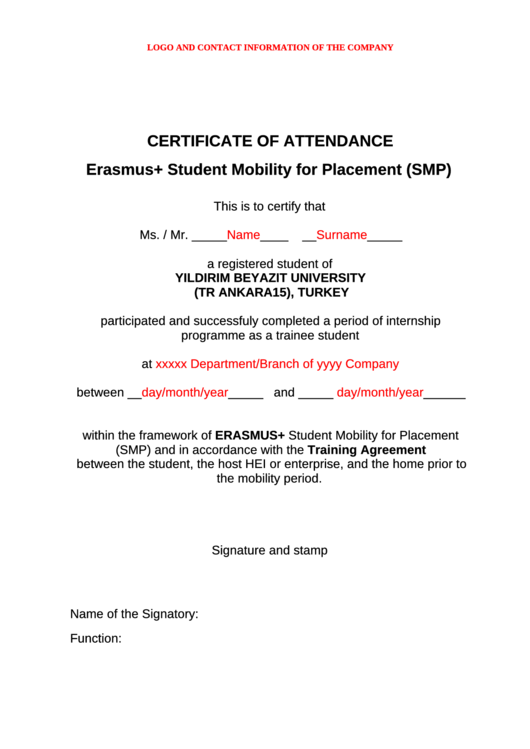 Erasmus Student Mobility For Placement Certificate Of Attendance Printable pdf