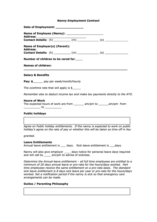 Nanny Employment Contract Printable pdf