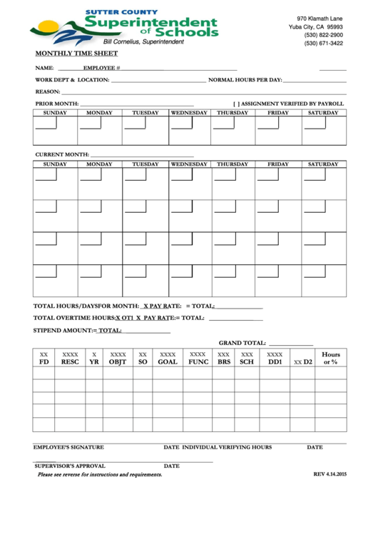 School Monthly Time Sheet Printable pdf