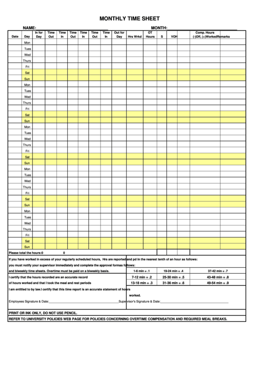 Monthly Time Sheet Printable pdf