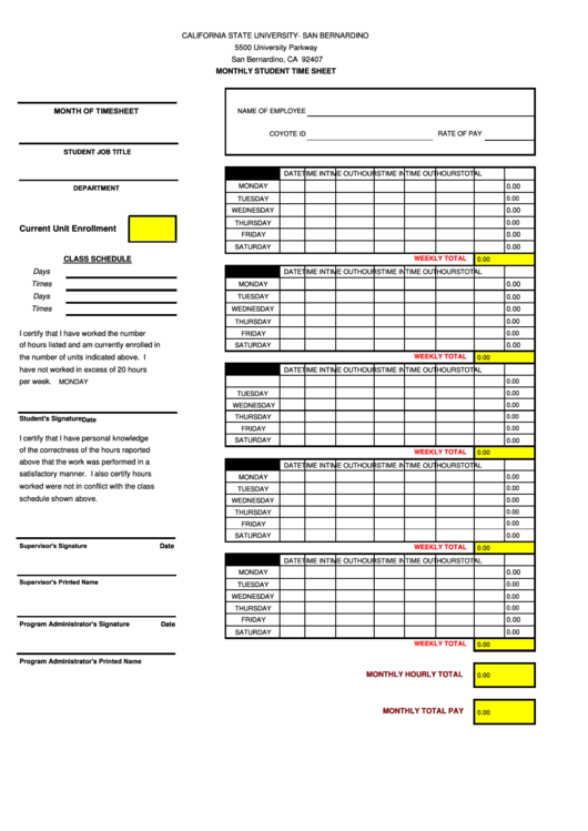 Fillable Monthly Student Time Sheet Printable pdf
