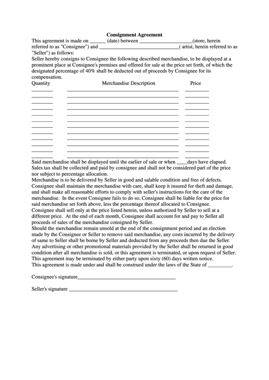 Consignment Agreement Printable pdf