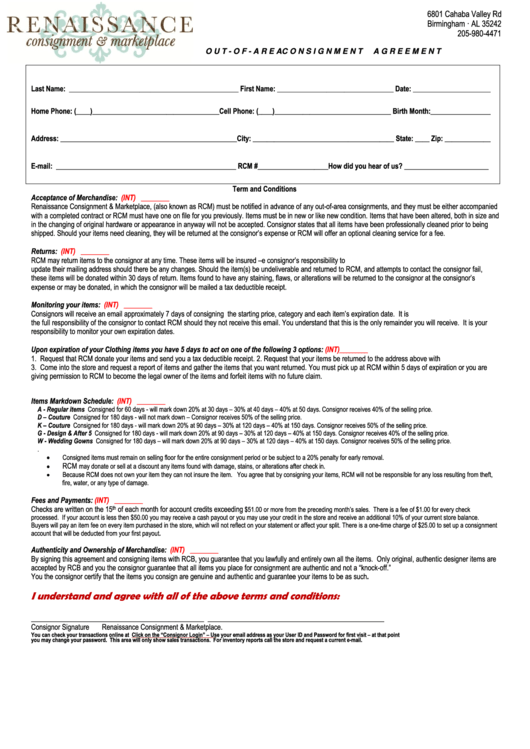 Out Of Area Consignment Agreement Printable pdf