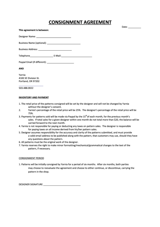 Consignment Agreement Sample 2 Printable pdf