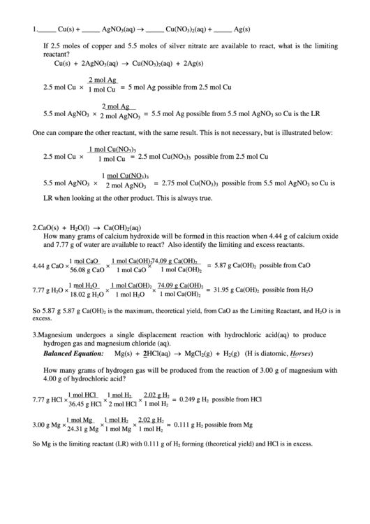 Chemical Calculations Worksheet Printable pdf