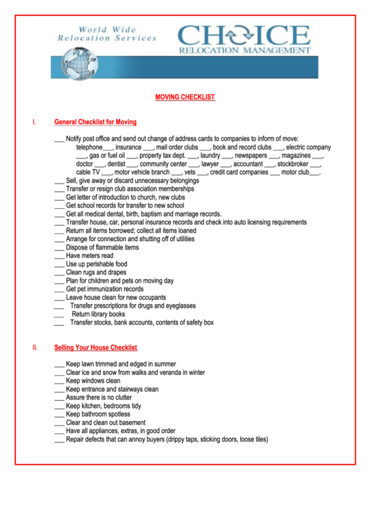 General Checklist For Moving Printable pdf