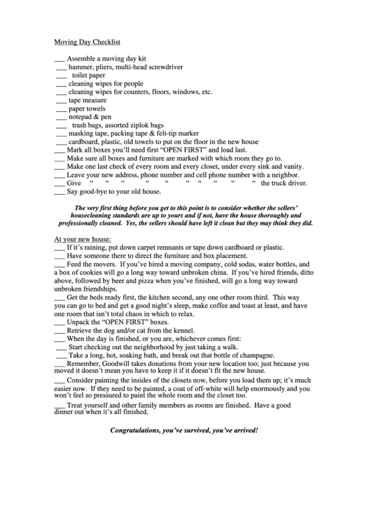 Moving Day Checklist Printable pdf