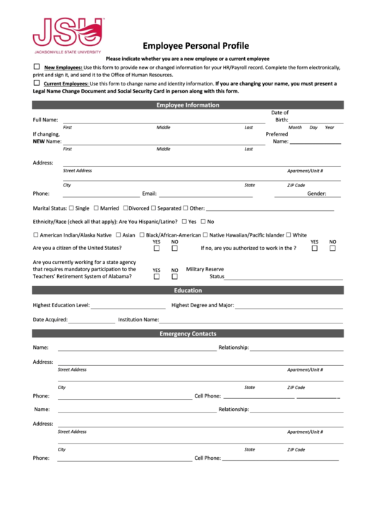 Fillable Employee Personal Profile Printable pdf
