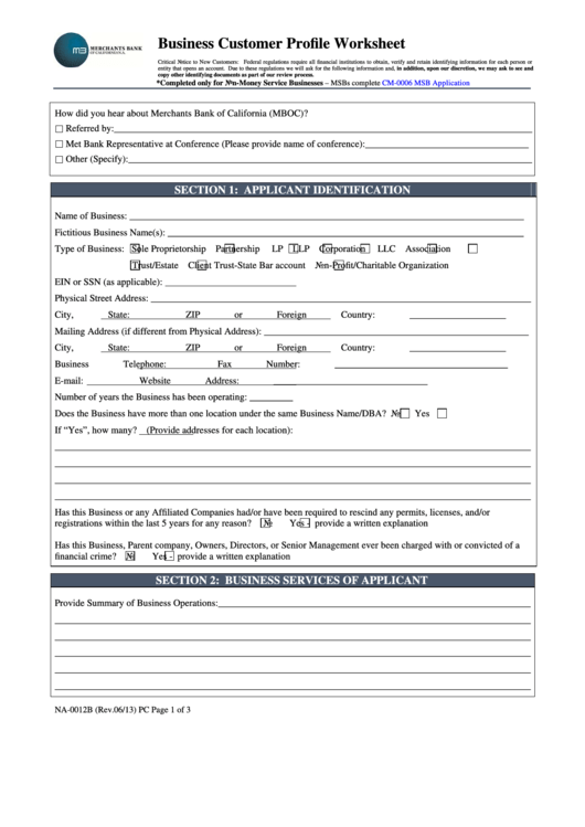 Fillable Business Customer Profile Worksheet Printable pdf