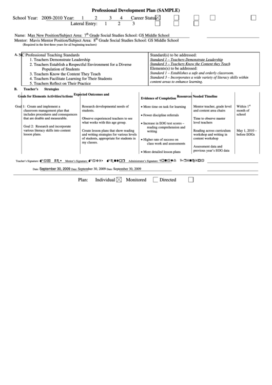 Professional Development Plan Sample Form School Teachers Printable pdf