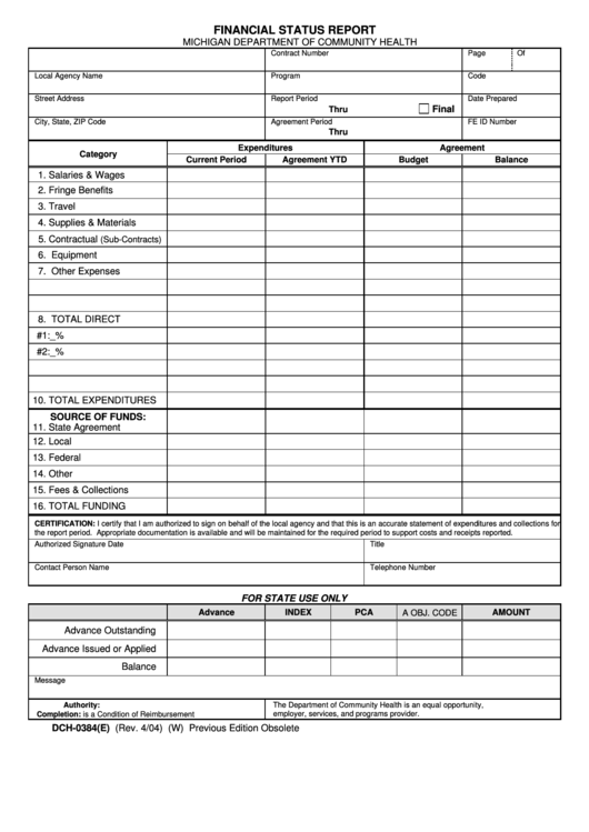 Financial Status Report Michigan Department Of Community Health Printable pdf