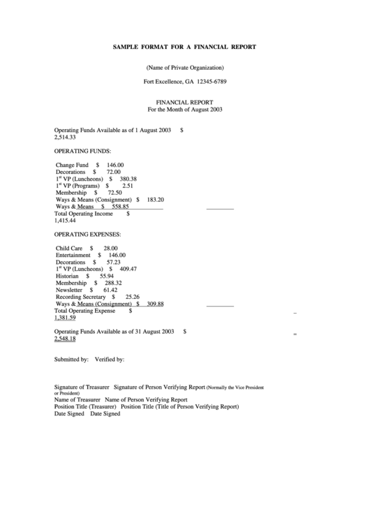 Sample Format For A Financial Report Printable pdf