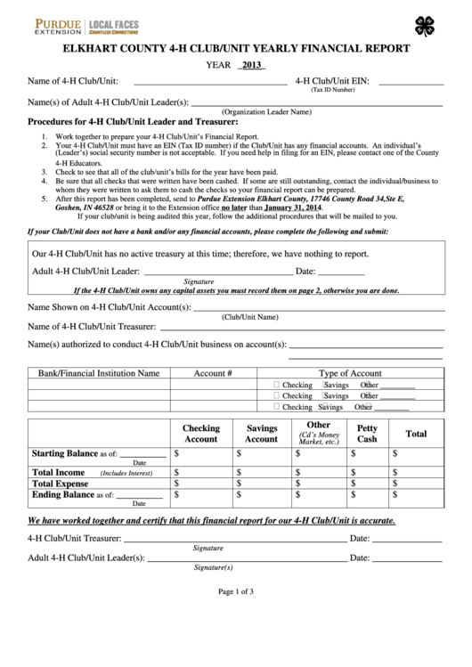 Elkhart County 4h Club Unit Yearly Financial Report Printable pdf