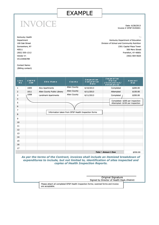 Sample Invoice Template - Kentucky Department Of Education Printable pdf