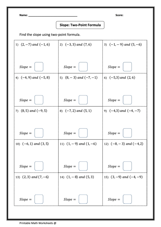 Slope: Two-Point Formula Worksheet Printable pdf