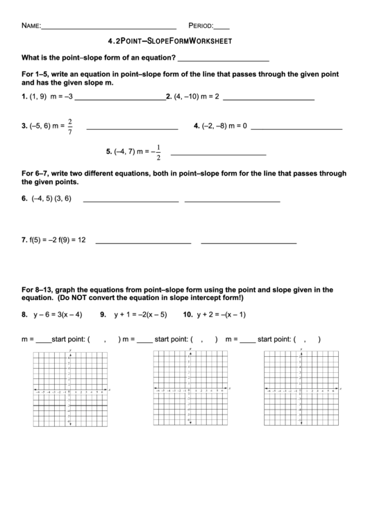 Point-Slope Form Worksheet Printable pdf