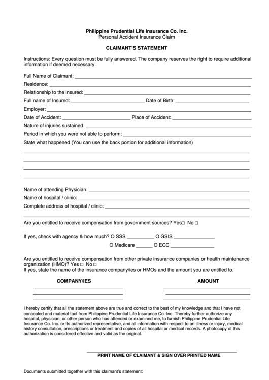 Philippine Prudential Life Insurance Co. - Personal Accident Insurance Claim Form Printable pdf