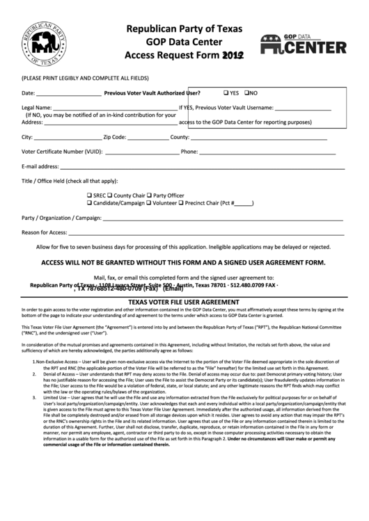 Fillable Republican Party Of Texas Gop Data Center Access Request Form 2015 Printable pdf