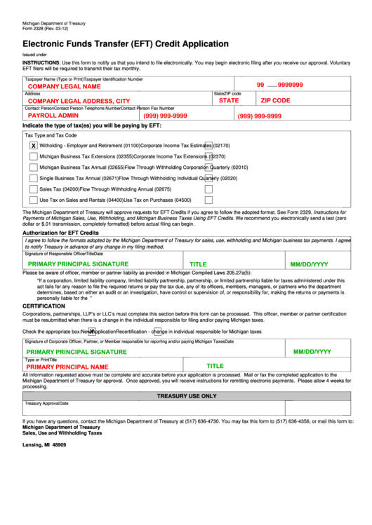 Form 2328 - Electronic Funds Transfer (Eft) Credit Application - 2012 Printable pdf