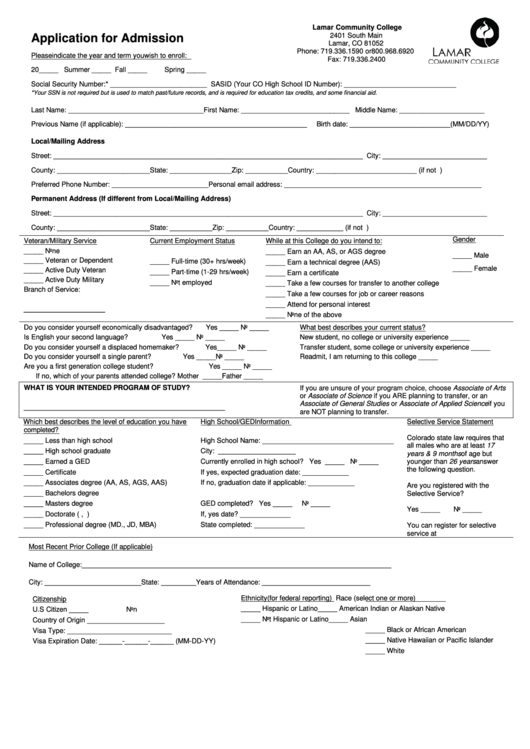 Fillable Application For Admission - Lamar Community College Printable pdf