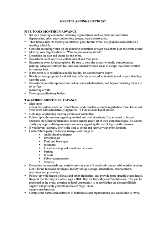 6 Months Event Planning Checklist Printable pdf