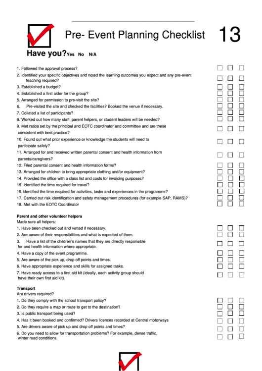 Pre Event Planning Checklist Printable pdf