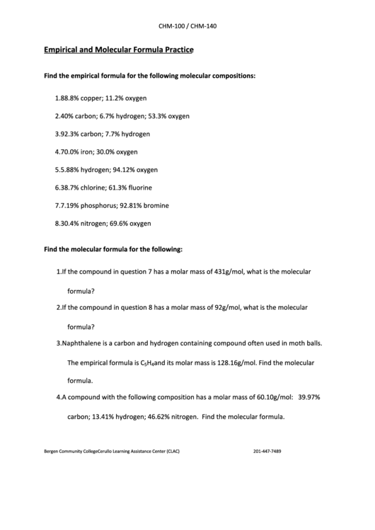 Empirical And Molecular Formula Practice Printable Pdf Download