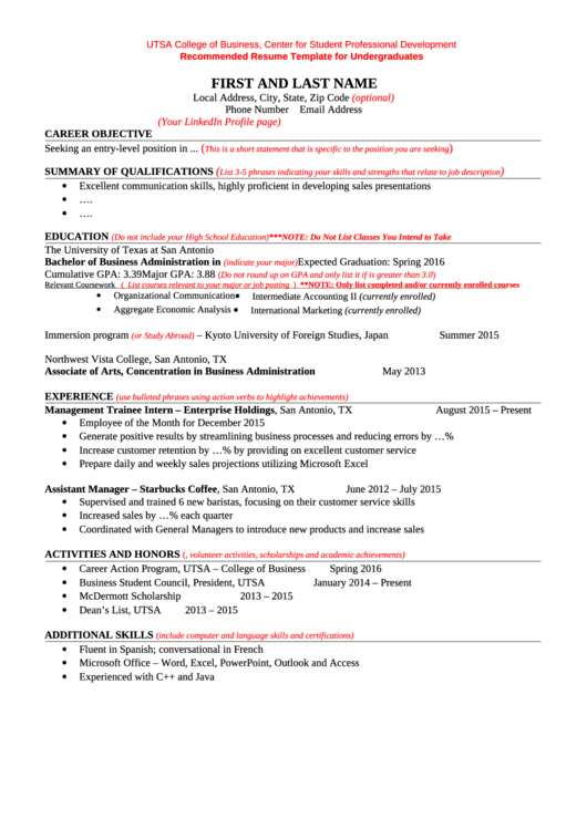Recommended Resume Template For Undergraduates Printable pdf