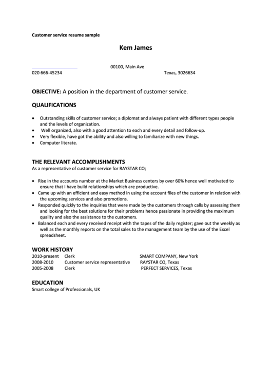 Customer Service Resume Sample 4 Printable pdf