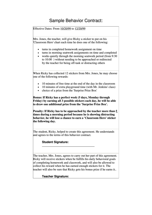 Sample Behavior Contract Template Printable pdf