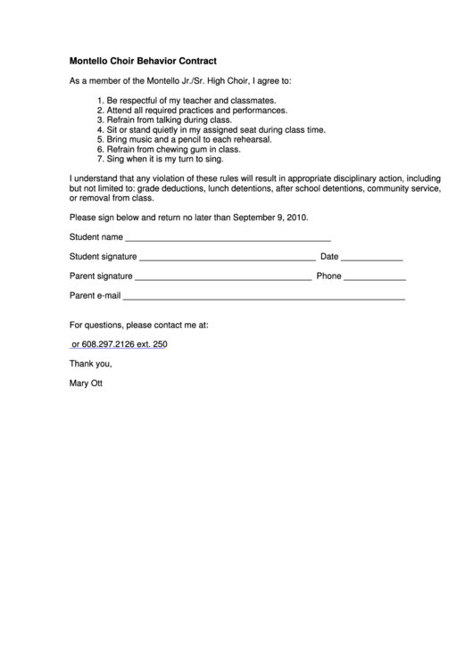 Montello Choir Behavior Contract Printable pdf