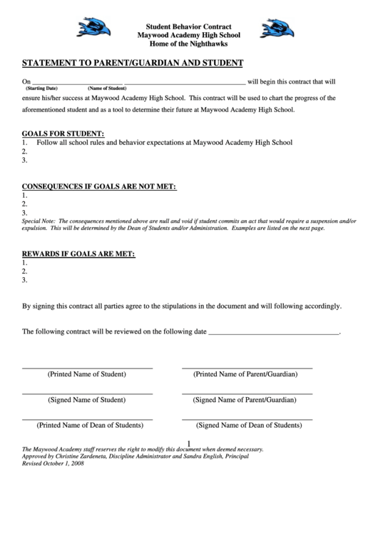 Statement To Parent Guardian And Student Printable pdf