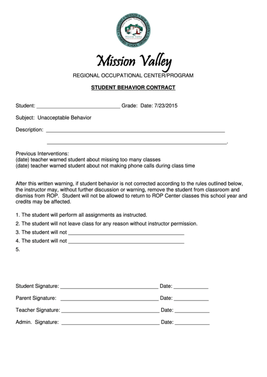 Student Behavior Contract Printable pdf